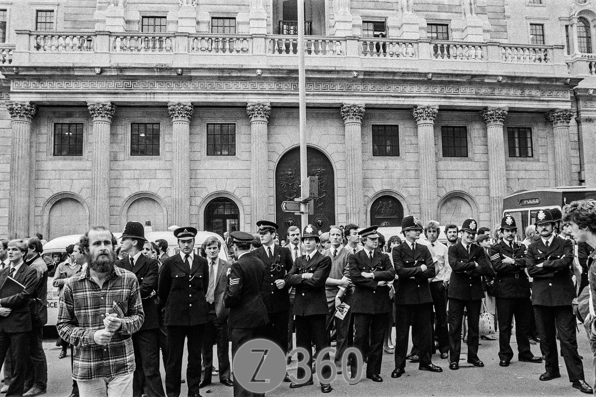 The Police and employees line up